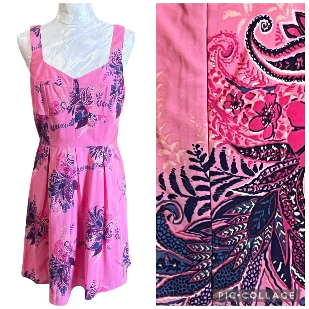 LOFT Paisley Corset Seamed Fit & Flare Dress Size 4 Pink Babydoll Sundress Beach